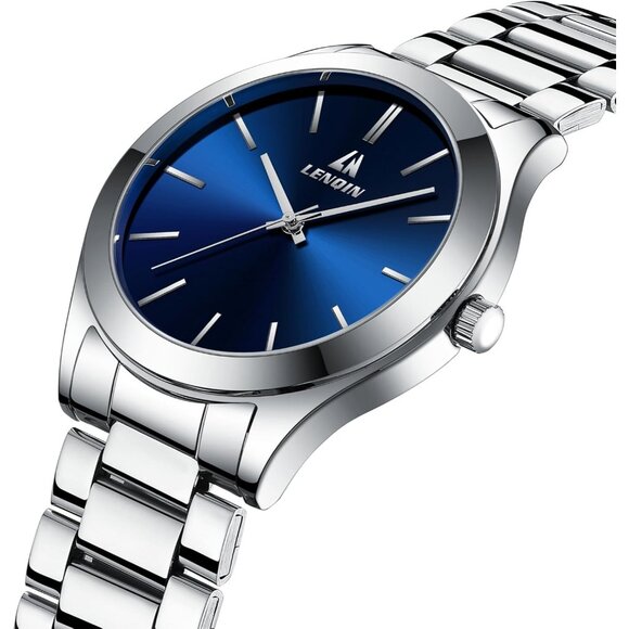 Men Silver Blue Stainless Steel Analog Quartz Fashion Business Designer Watches - Picture 3 of 10